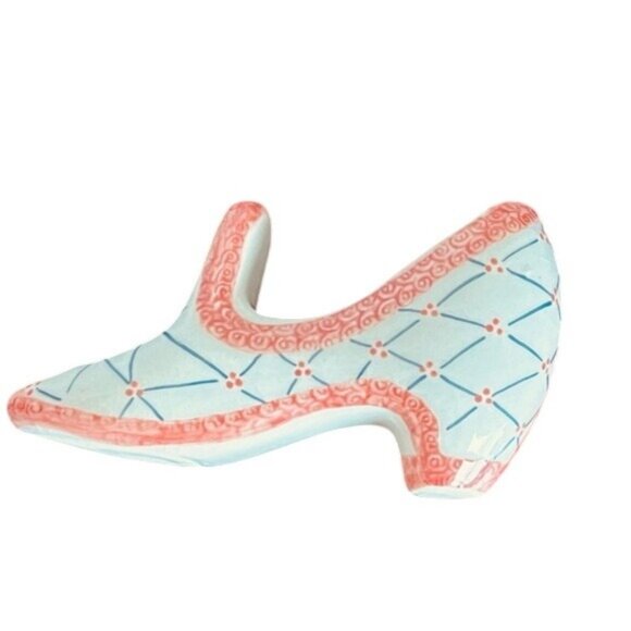 Vintage Hand-Painted Antique Ceramic Shoe & Vase With Pink & Blue Detail Design - Picture 2 of 8